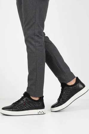 Siyah Hakiki Deri Kroko Desenli Rahat Şık Erkek Casual Ayakkabı Sneaker 6424-1 M