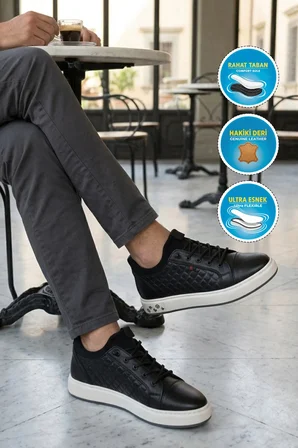 Siyah Hakiki Deri Kroko Desenli Rahat Şık Erkek Casual Ayakkabı Sneaker 6424-1 M