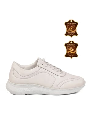 Beyaz Hakiki Deri Hafızalı Taban Lastik Bağcıklı Kadın Casual Ayakkabı Sneaker 8439 Z