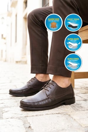 Erkek Kahve Hakiki Deri Delikli Nefes Alan Rahat Taban Bağcıklı Casual Ayakkabı Sensitive 3606-1 M