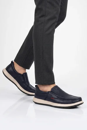 Erkek Lacivert Hakiki Deri Kolay Giyilebilir Hafızalı Rahat Taban Casual Ayakkabı Loafer 6501  M