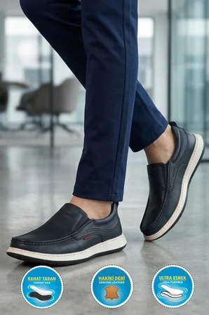 Erkek Lacivert Hakiki Deri Kolay Giyilebilir Hafızalı Rahat Taban Casual Ayakkabı Loafer 6501  M