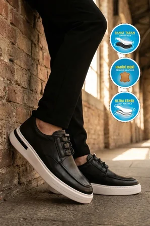 Siyah-Beyaz Hakiki Deri Lastik Bağcıklı Erkek Casual Ayakkabı 272302 M