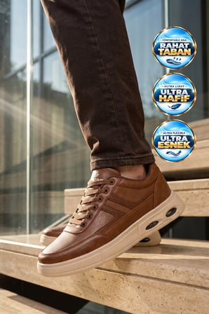 Taba Bağcıklı Hafif Esnek Tabanlı Erkek Casual Yürüyüş Ayakkabı Sneaker 128 Cilt