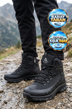 Siyah-Siyah Bağcıklı Fermuarlı Kaymaz Tabanlı Erkek Outdoor Trekking Bot 2115
