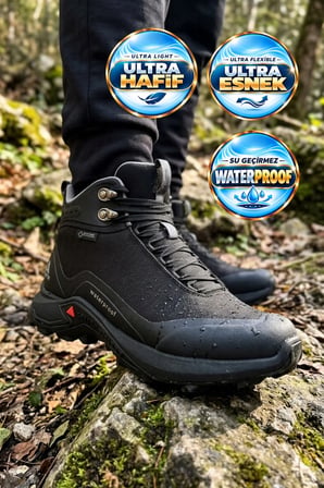 Siyah Bağcıklı Kaymaz Tabanlı Su Geçirmez Erkek Outdoor Trekking Bot 210500B-1