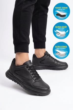 Siyah Bağcıklı Hafif Rahat Tabanlı Erkek Casual Yürüyüş Ayakkabı Sneaker 2297 Cilt