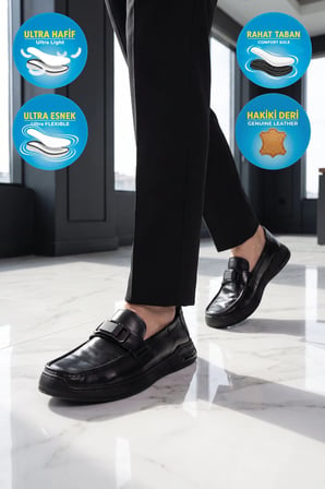 Siyah Hakiki Deri Hafif Esnek Rahat Şık Erkek Casual Ayakkabı Loafer 26K590-2