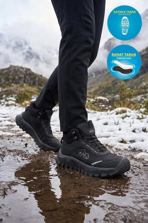 Siyah Bağcıklı Kalın Kaymaz Tabanlı Erkek Outdoor Trekking Bot 26K513