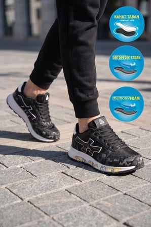 Siyah-Beyaz Bağcıklı Rahat Memory Foam Taban Erkek Yürüyüş ve Spor Ayakkabı Sneaker 2444 Cilt