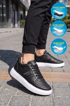 Siyah-Beyaz Bağcıklı Hafif Esnek Rahat Erkek Spor Ayakkabı Sneaker 125 Cilt