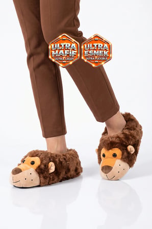 AkınAlbella Sıcak Tutan Aslan Desenli Bej Unisex Ev Terliği Panduf H025.Z.0006