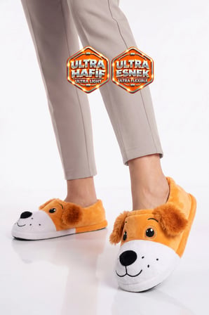 AkınAlbella Sıcak Tutan Köpek Desenli Camel Unisex Ev Terliğ Panduf H025.Z.0008