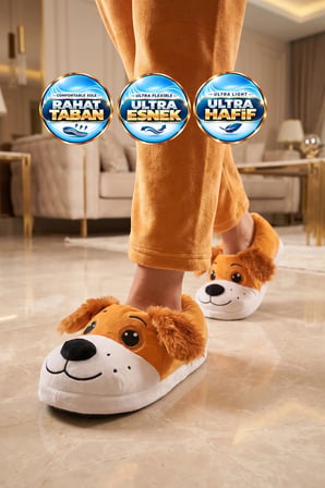 AkınAlbella Sıcak Tutan Köpek Desenli Camel Unisex Ev Terliğ Panduf H025.Z.0008