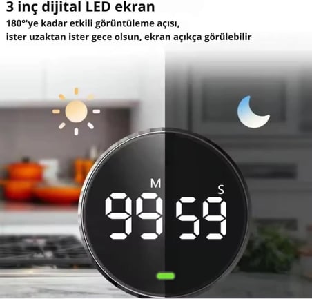 Mutfak ve Ders İçin Dijital Zamanlayıcı, LED Ekranlı, Mıknatıslı, Kronometre, Alarm, Geri Sayım