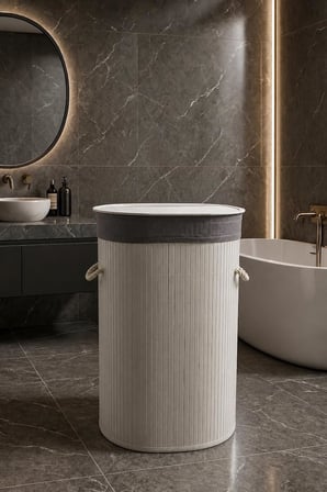 Lüks Bambu Kapaklı Kirli Çamaşır ve Oyuncak Sepeti Beyaz Renk 40x30x60 cm 72 Litre (Beyaz, 60x40x30, Oval)