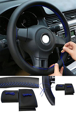 Hyundai Elentra 2008-2012 Uyumlu Direksiyon Kılıfı Dikmeli Siyah Deri/Mavi Dikişli