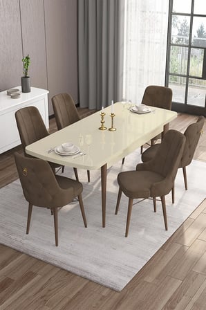 Are Serisi 80x132 Mdf Açılabilir Krem Masa Ceviz Ayak Masa Takımı Ve 6 Kahverengi Sandalye
