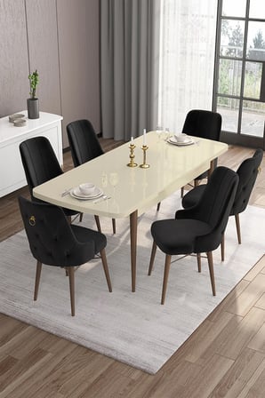 Are Serisi 80x132 Mdf Açılabilir Krem Masa Ceviz Ayak Masa Takımı Ve 6 Siyah Sandalye