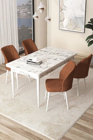 Arp Serisi 70x110 Sabit Mutfak Masası Takımı Beyaz Mermer Desen Masa 4 Kiremit Sandalye
