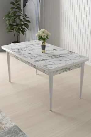 Arp Serisi 70x110 Sabit Mutfak Masası Takımı Beyaz Mermer Desen Masa 4 Siyah Sandalye