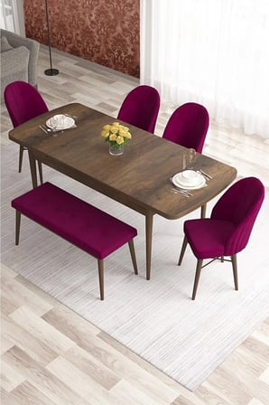 Elf Serisi 80x132 Açılabilir Barok Ahşap Desen Masa 4 Kahve Sandalye 1 Bench Gold Halka Masa Takımı