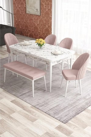Elf Serisi 80x132 Barok Ahşap Desenli Masa 4 Krem Sandalye 1 Bench Gold Halka Masa Takımı
