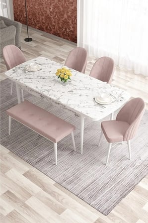 Elf Serisi 80x132 Barok Ahşap Desenli Masa 4 Krem Sandalye 1 Bench Gold Halka Masa Takımı