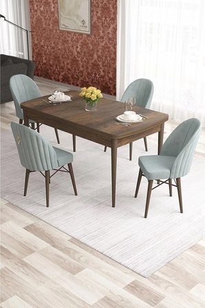 Elf Serisi 80x132 Açılabilir Barok Ahşap Desen Masa Takım Ve 4 Su Yeşili Sandalye