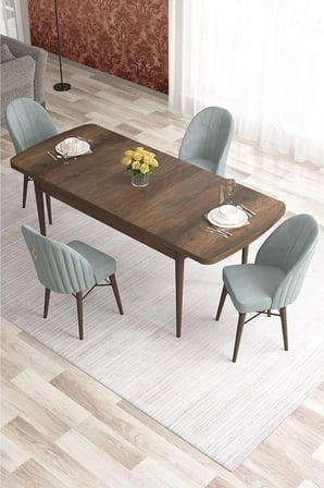Elf Serisi 80x132 Açılabilir Barok Ahşap Desen Masa Takım Ve 4 Su Yeşili Sandalye
