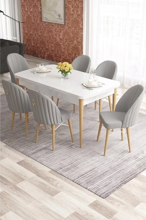 Elf Serisi 80x132 Beyaz Masa Doğal Ahşap Ayak Beyaz Kafesli 6 Gri Sandalye Gold Halkalı