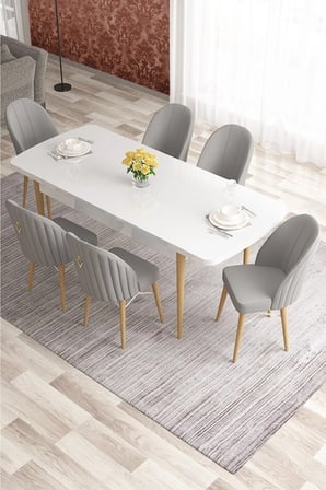 Elf Serisi 80x132 Beyaz Masa Doğal Ahşap Ayak Beyaz Kafesli 6 Gri Sandalye Gold Halkalı