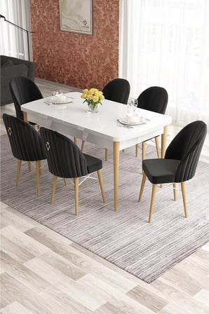 Elf Serisi 80x132 Beyaz Masa Doğal Ahşap Ayak Beyaz Kafesli 6 Siyah Sandalye Gold Halkalı