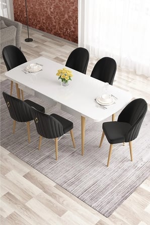Elf Serisi 80x132 Beyaz Masa Doğal Ahşap Ayak Beyaz Kafesli 6 Siyah Sandalye Gold Halkalı