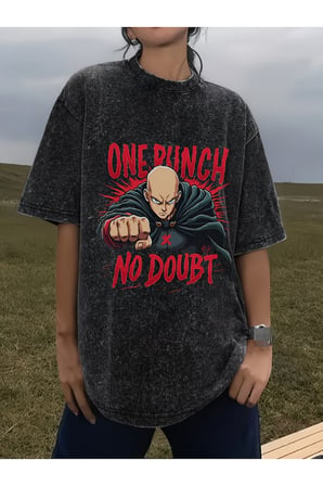 Anime One Runch Baskılı Unisex Yıkamalı Vintage Oversize T-Shirt