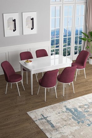 Han Serisi, Beyaz 70x114 Açılabilir Mdf Yemek Masası Takımı, 6 Bordo Sandalye