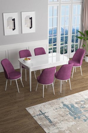 Han Serisi 70x114 Açılabilir Mdf Mutfak Masası Takımı Beyaz Masa 6 Mor Sandalye