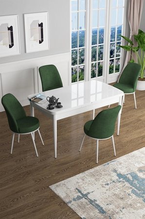 Han Serisi 70x114 Açılabilir Mdf Mutfak Masası Takımı Beyaz Masa 4 Haki Yeşil Sandalye