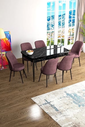 Han Serisi 70x114 Açılabilir Mdf Mutfak Masası Takımı Siyah Mermer Desen Masa 6 Gül Kurusu Sandalye