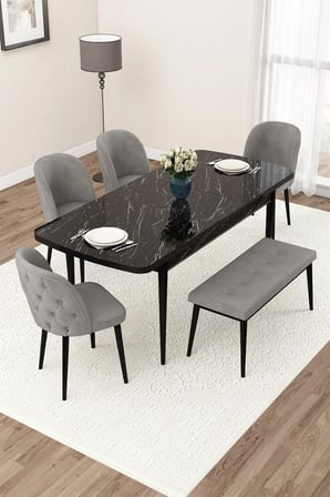 Jae Serisi Açılabilir 80x132 Siyah Mermer Desen Yemek Odası Takımı 4 Gri Sandalye 1 Bench