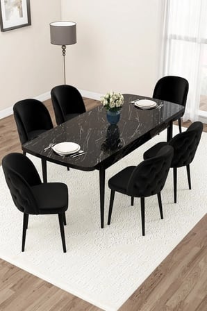 Jae Serisi Açılabilir 80x132 Siyah Mermer Desen Yemek Odası Takımı Ve 6 Siyah Sandalye