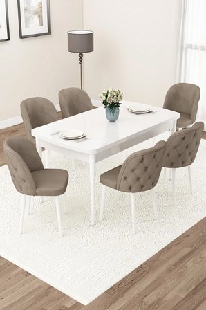 Jae Serisi Açılabilir 80x132 Beyaz Yemek Odası Takımı Ve 6 Cappucino Sandalye