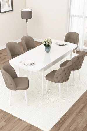 Jae Serisi Açılabilir 80x132 Beyaz Yemek Odası Takımı Ve 6 Cappucino Sandalye