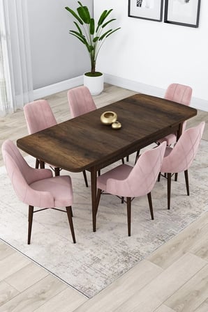 Lia Serisi 80x132 Açılabilir Mutfak Masası Takımı Barok Desen Masa 6 Pembe Sandalye