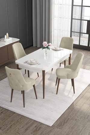 Noa Serisi 80x132 Açılabilir Mdf Beyaz Masa Ceviz Ayak Masa Takımı 4 Krem Sandalye