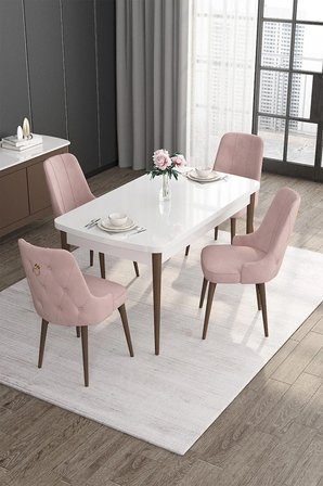 Noa Serisi 80x132 Açılabilir Mdf Beyaz Masa Ceviz Ayak Masa Takımı 4 Pembe Sandalye
