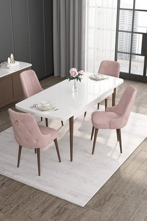 Noa Serisi 80x132 Açılabilir Mdf Beyaz Masa Ceviz Ayak Masa Takımı 4 Pembe Sandalye