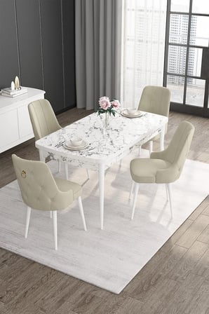 Noa Serisi 80x132 Açılabilir Mdf Beyaz Mermer Desen Masa Takımı Ve 4 Krem Sandalye