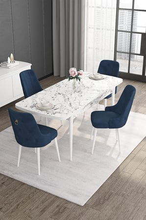 Noa Serisi Beyaz Mermer Desen 80x132 Açılabilir Mdf Yemek Masası Takımı 4 Siyah Sandalye Gold Halka