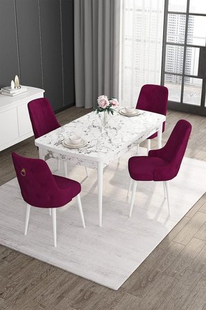 Noa Serisi 80x132 Açılabilir Mdf Beyaz Mermer Desen Masa Takımı Ve 4 Mürdüm Sandalye